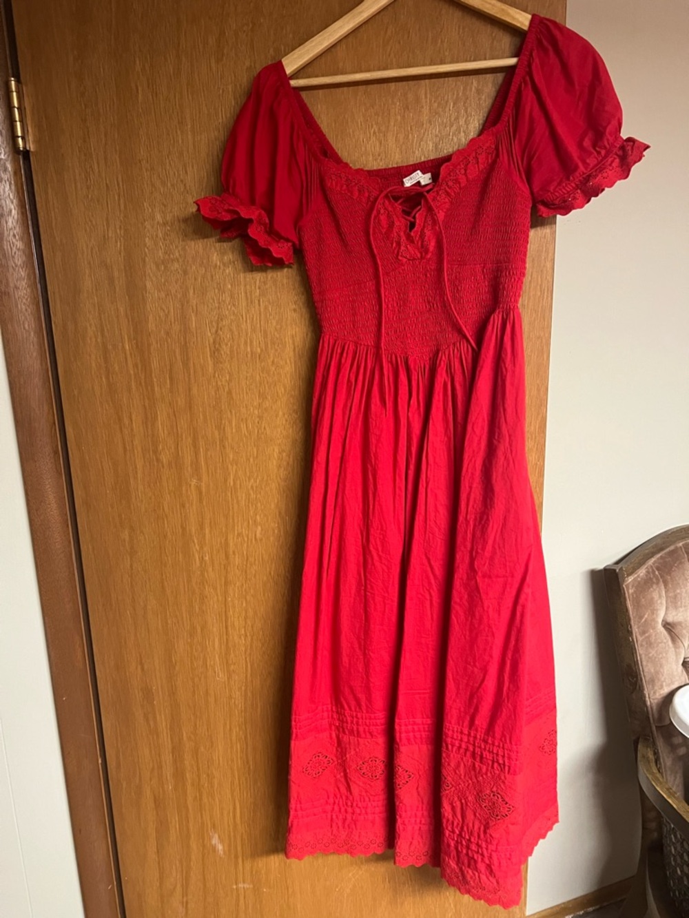 Christy Dawn Red Puff Sleeve Smocked Midi Dress